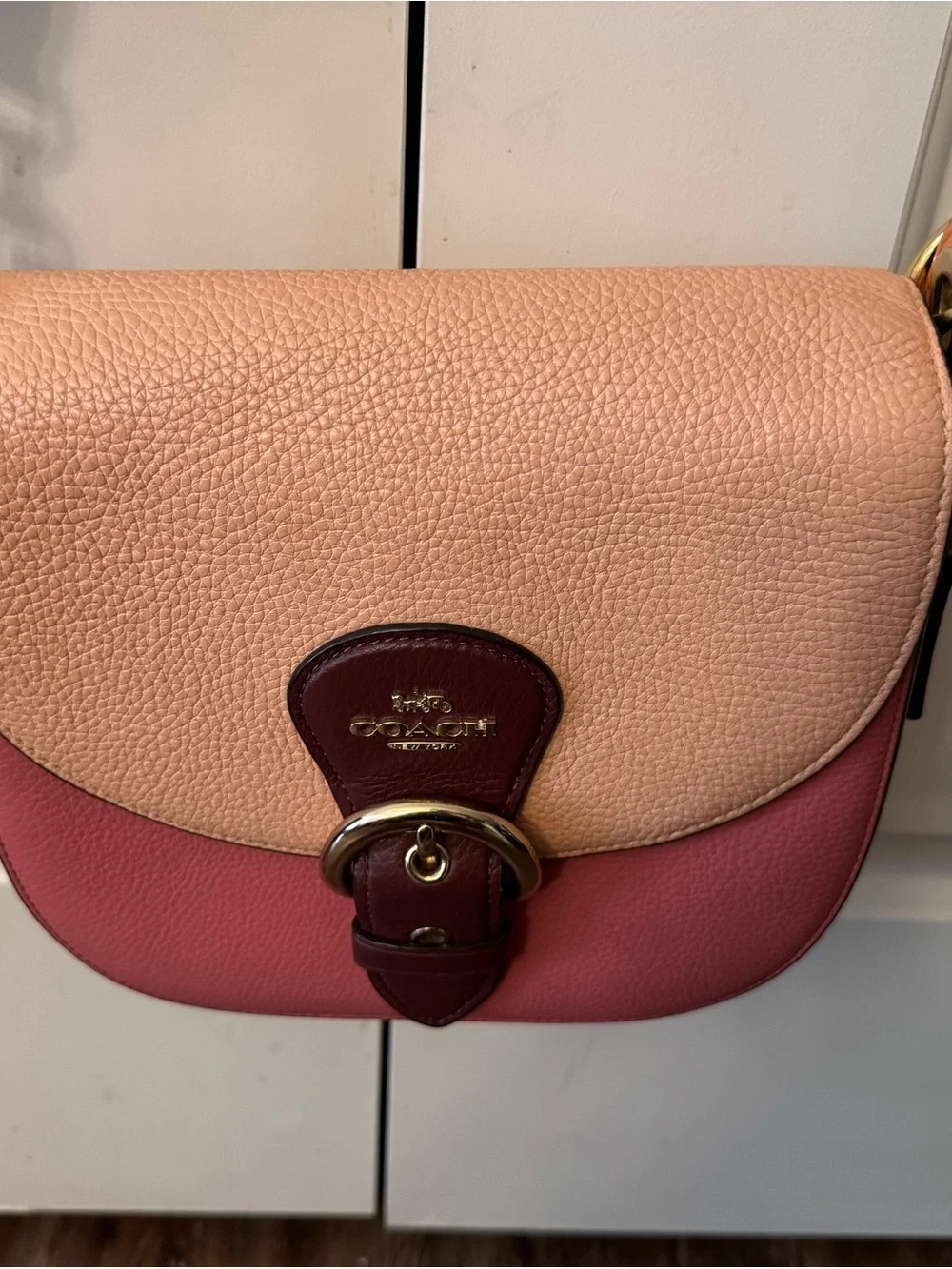 Coach Colorblock Pebbled Leather Saddle Crossbody - Blush, Rose & Burgundy